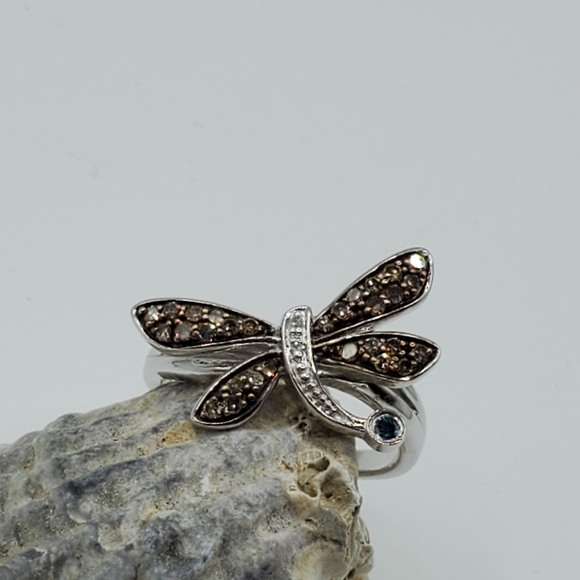 Diamond and Blue Topaz Sterling Silver Dragonfly Ring Size 7 - Picture 7 of 15